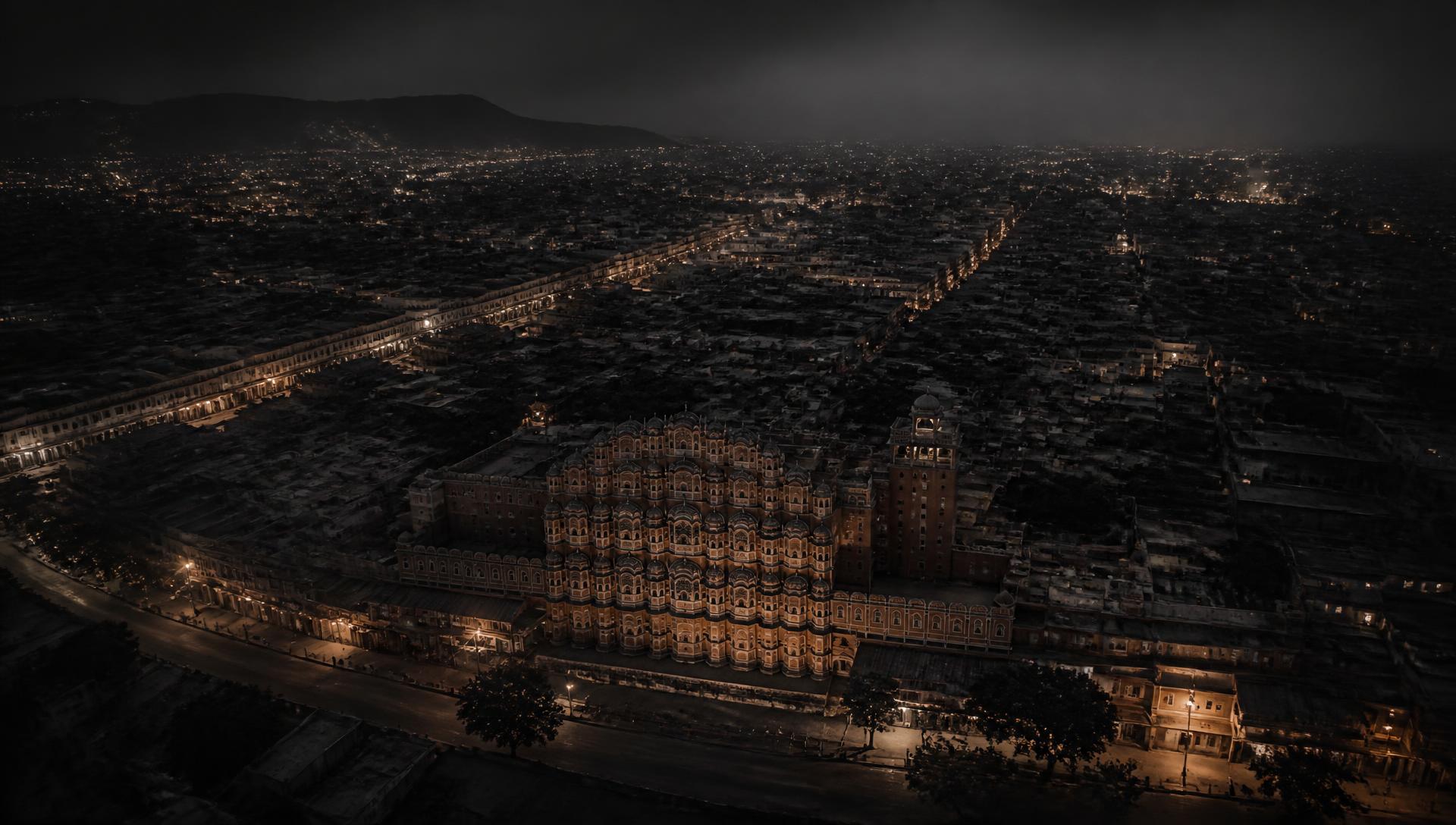 Aerial night view of Jaipur's old city, the first city live on standout.lol